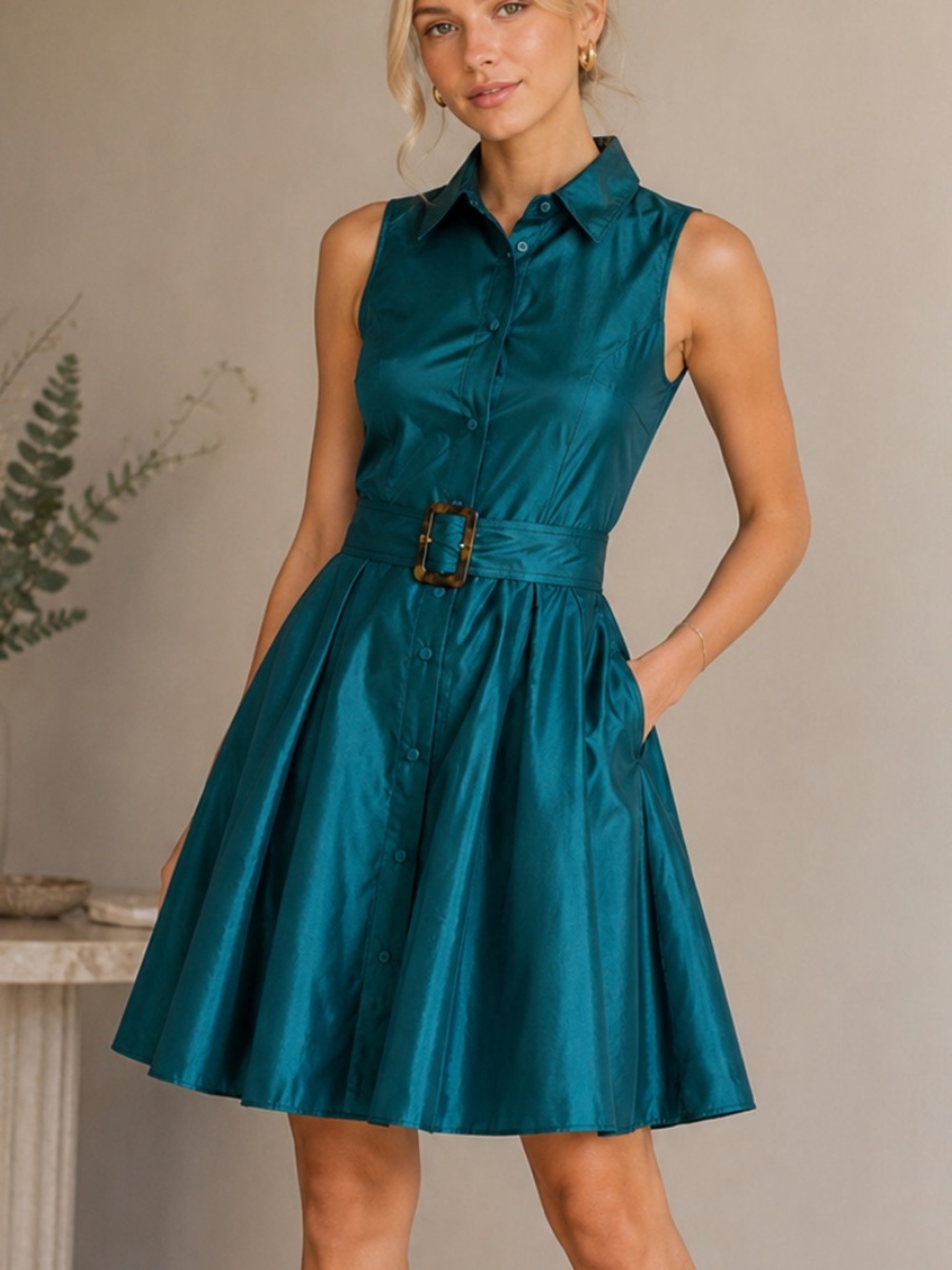 STAUD Jolene Dress Teal Taffeta Fit & Flare Shirt Dress Belted Mini 39035